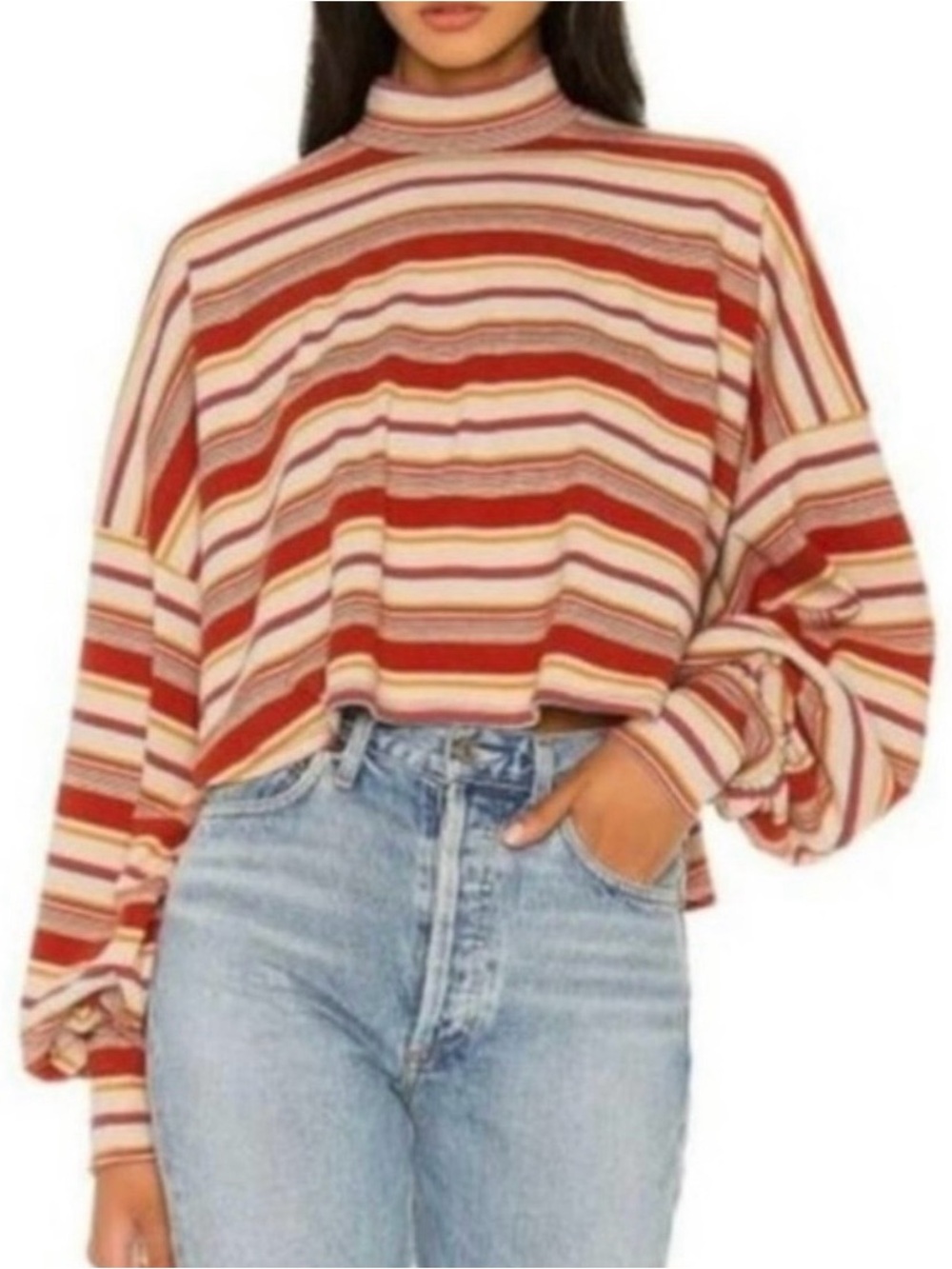 Free People Striped Mock Neck Pullover in Red and Cream